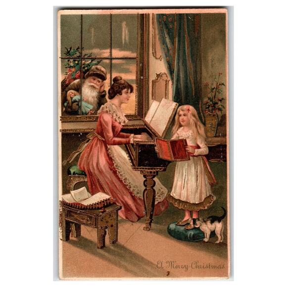 Vintage Embossed Christmas Postcard Santa | Mercari Vintage Embossed Christmas Postcard Santa Claus at Window Mother Girl Piano BW